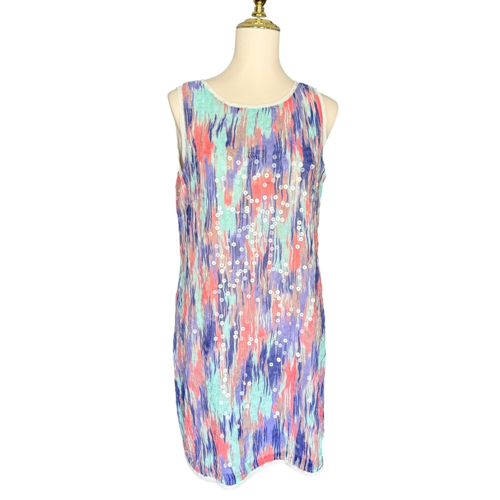 ICE Size 10 Sequin Shift Dress Multicolor Abstract Y2K Sleeveless Cocktail